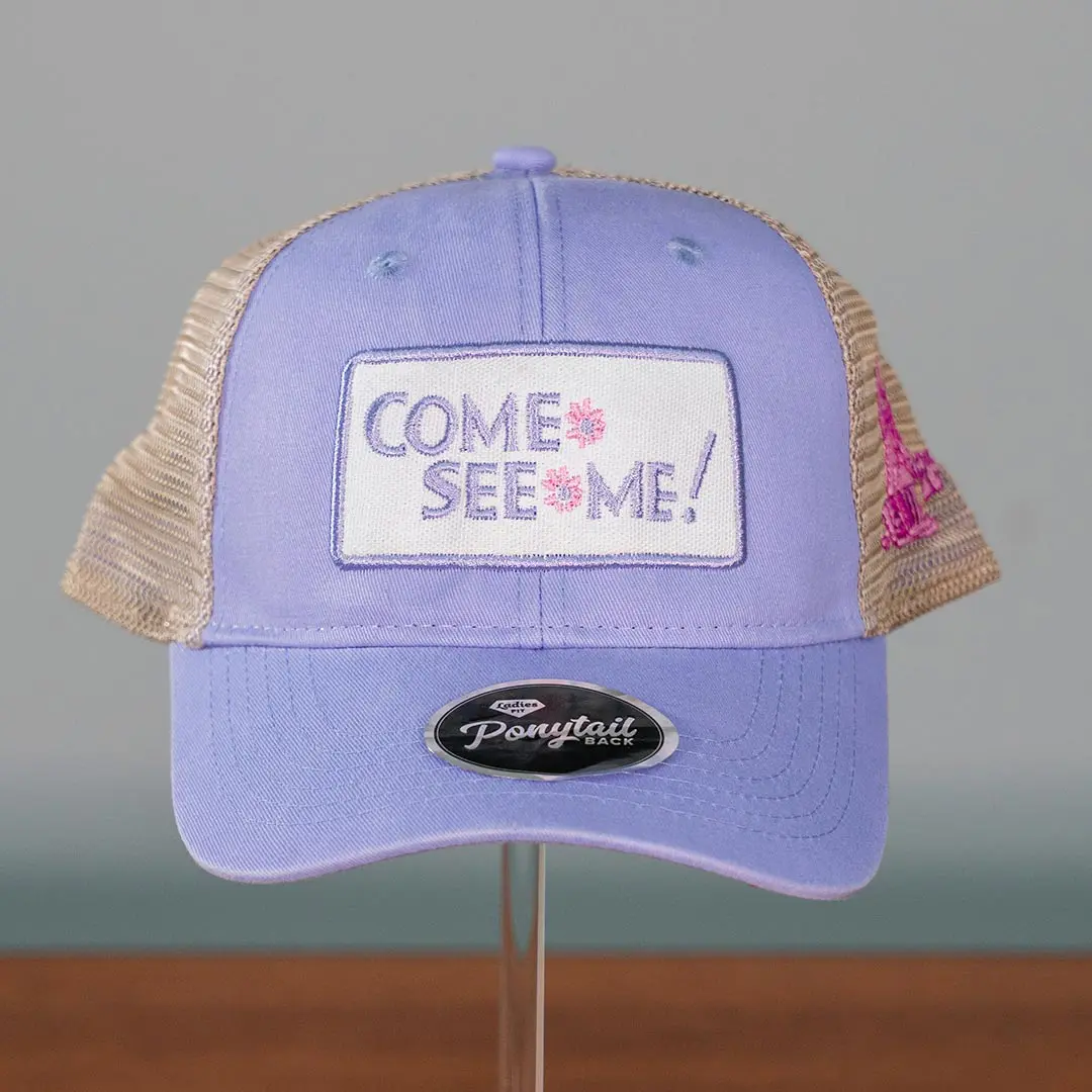 Come-See-Me-Souvenirs-2026-Lavendar-Ponytail-Hat-front